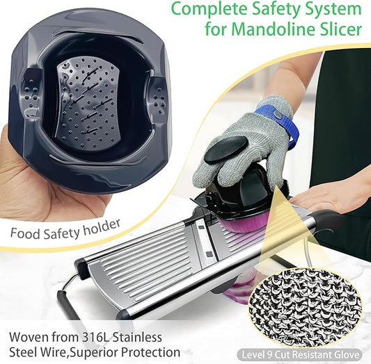 Stainless Steel Mandoline Slicer & Onion Chopper - French Fry Cutter with Safety Pusher | No-Cut Glove & Click-Lock | Adjustable 3-9mm Slices/4.5-9mm Shreds