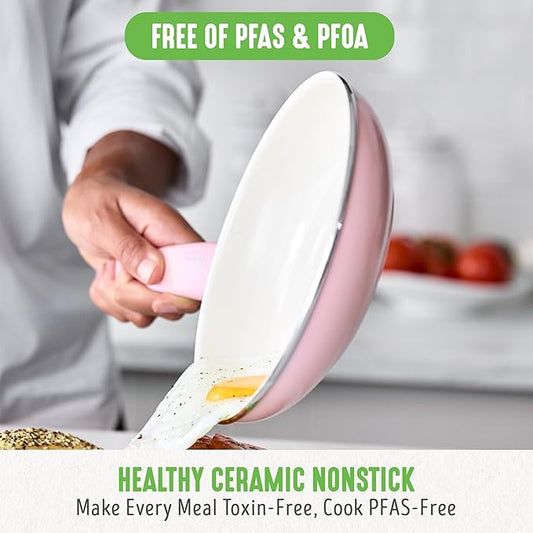 GreenLife Soft Grip Healthy Ceramic Nonstick 18 Piece Kitchen Cookware Pots and Frying Sauce Saute Pans Set, PFAS-Free with Kitchen Utensils and Lid, Dishwasher Safe, Soft Pink