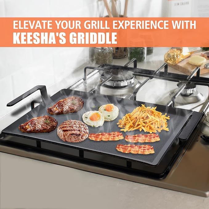 24'' Carbon Steel Griddle for Gas Grill, Double Burner Cooking Griddle Pan for Gas/Stovetop Oven/Induction Cooktop/Charcoal Grill, Professional Pre-seasoned Cookware