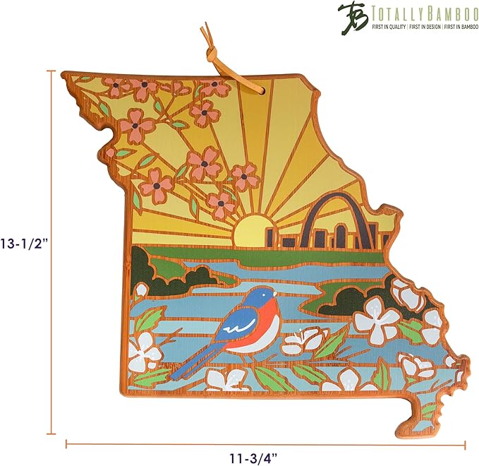Totally Bamboo Missouri State Shaped Cutting Board and Charcuterie Serving Platter with Artwork by Summer Stokes, Includes Hang Tie for Wall Display