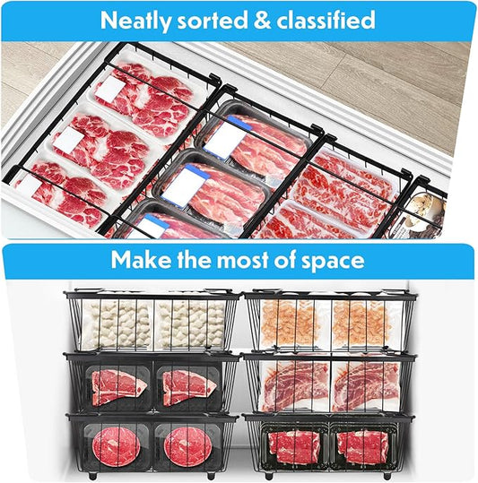 Freezer Organizer Bins 4 Pack Stackable Chest Freezer Organizer for 5 and 7 Cu.FT Deep Freezer Metal Wire Storage Basket with Side Handles Pantry Organization Bins, Get Food Easily