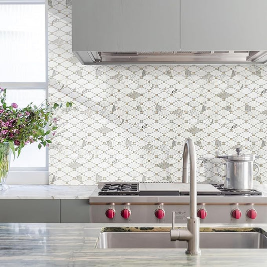 STICKGOO 10 Sheets Peel and Stick Backsplash Tile, Polished Carrara White Marble Look Stick on Backsplash for Kitchen Wall and Bathroom, Glossy Waterproof Self Adhesive Wall Tiles