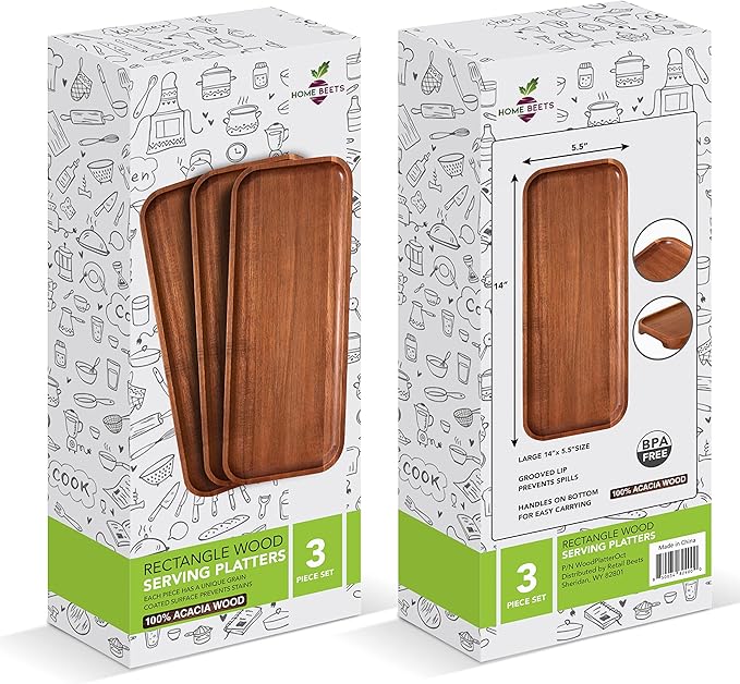 Solid Acacia Wood Serving Trays (14 x 5.5 inches) Rectangular Wooden Large Serving Platters for Food, Wooden Platter for Charcuterie, Appetizer Serving Tray, Wood Cheese Board (Set of 3 Plates)