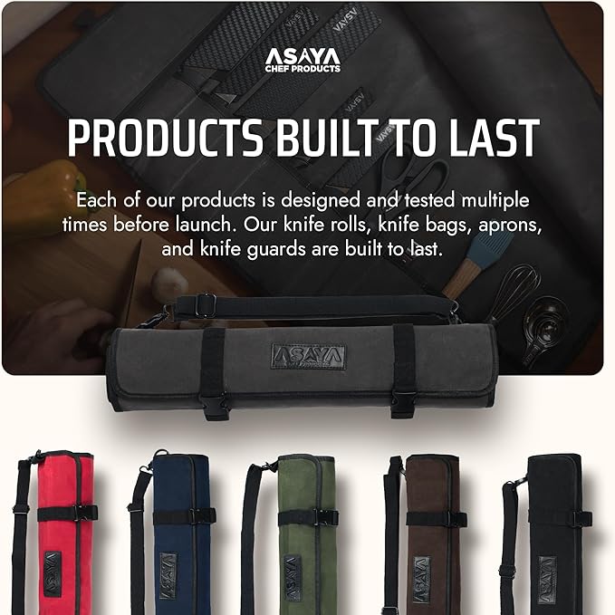 Asaya Canvas Chef Knife Roll Bag - 10 Knife Slots and a Large Zipper Pocket - Durable 10oz Canvas Knife Case with an Adjustable Shoulder Strap - Knives not Included