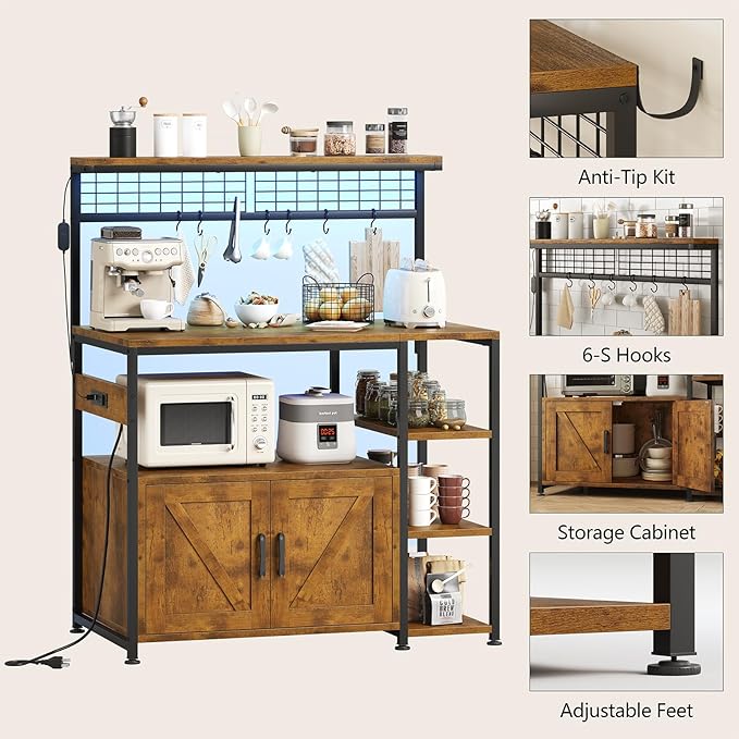 TVU Bakers Rack with Power Outlet and LED Light, Microwave Stand with Storage Cabinet, Coffee Bar Cabinet Station with 6 Hooks for Kitchen, Dining Room, Living Room, Coffee Bar, Rustic Brown, Black
