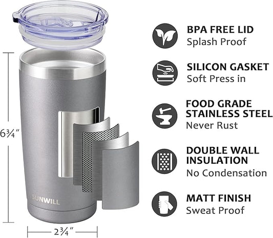 SUNWILL Travel Coffee Tumbler 20 oz, Insulated Mug with Lid, Stainless Steel Cup for Hot and Cold Drinks, Cool Grey