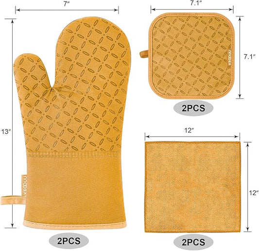 KEGOUU Oven Mitts and Pot Holders 6pcs Set, Kitchen Oven Glove High Heat Resistant 500 Degree Extra Long Oven Mitts and Potholder with Non-Slip Silicone Surface for Cooking (Orange)
