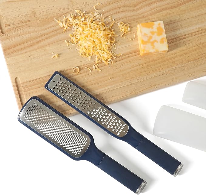 Calphalon Edge 2 Piece Stainless Steel Handheld Cheese Grater and Lemon Zester W/Covers & Rubber Handles - Navy Blue