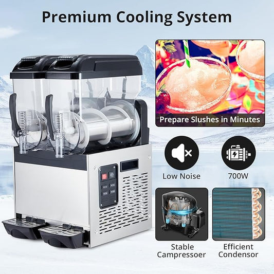 Black 12 L*2 700W Commercial Slushy Machine - Self-Cleaning Stainless Steel Frozen Drink Margarita Ice Cream Maker for Snow Melts, Cocktails - Ideal for Homes, Coffee Shops,and Restaurants
