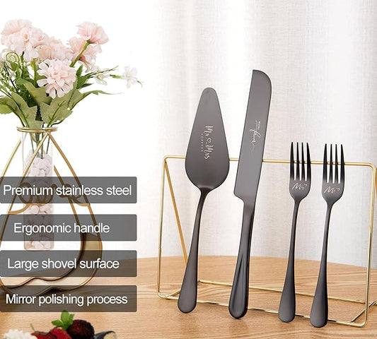 Wedding Cake Knife and Server Set, Cake Cutting Set for Wedding, 4 Pieces Cake Pie Sever set and Forks, Wedding Gifts, Bridal Shower Gifts for Couples (Black)