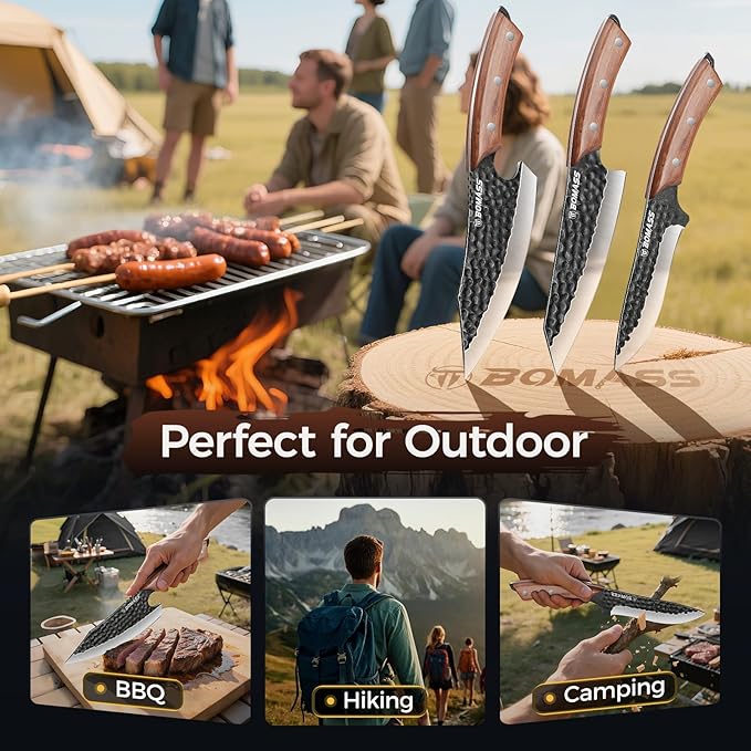 Kitchen Knives, Hand Forged Japanese Knife Set 3Pcs, High Carbon Butcher Knife & Santoku Knife & Boning Knife & Honing Rod for Home Kitchen, BBQ, Outdoor Cooking