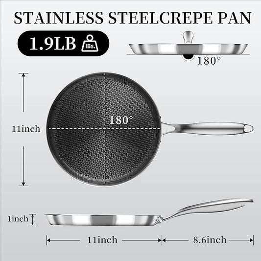 Innerwell Nonstick Crepe Pan 11inch Stainless Steel Crepe Pan Honeycomb Coating Flat Skillet Tawa Dosa Tortilla Pan,Omelet Pan with All Stove Tops Available, Induction Compatible