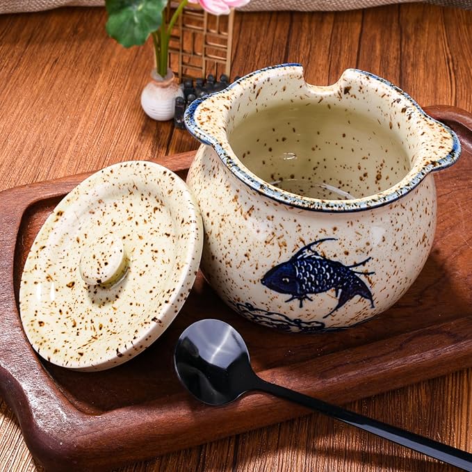 Japanese-Style Fish-Shaped Ceramic Sugar Jar & Spice Container with Lid & Stainless Steel Spoon Set – Decorative Koi Design, Kitchen Storage for Salt, Sugar (yl)