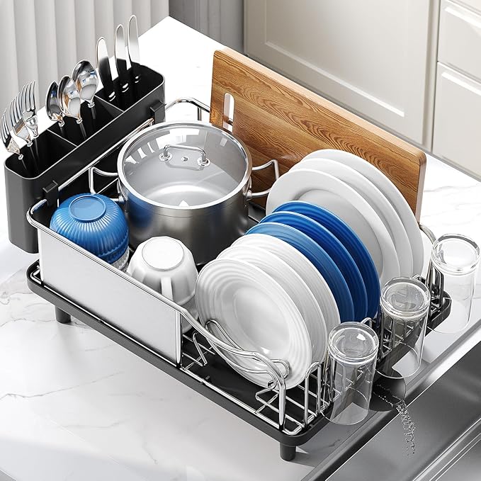 Stainless Steel Dish Drying Rack - Large Capacity Kitchen Counter Organizer with Drain Board, Utensil Holder & Detachable Cup Shelf, Surgical-Grade Rust-Proof Dish Drainer, Easy Assembly