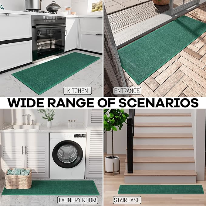 Kitchen Rug, Rubber Non Slip Kitchen Rugs Washable, Absorbent Runner Mat for Floor, Machine Washable Standing Mats for in Front of Sink, Laundry, Entryway, Hallway (Dark Green, 47" × 17.3")