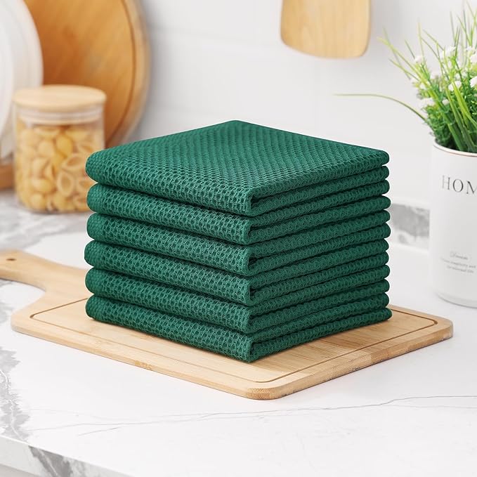 Kitinjoy 100% Cotton Kitchen Dish Cloths, 12 Pack Waffle Weave Ultra Soft Absorbent Dish Towels for Drying Dishes Quick Drying Kitchen Towels Dish Rags, 12 X 12Inch, Dark Green