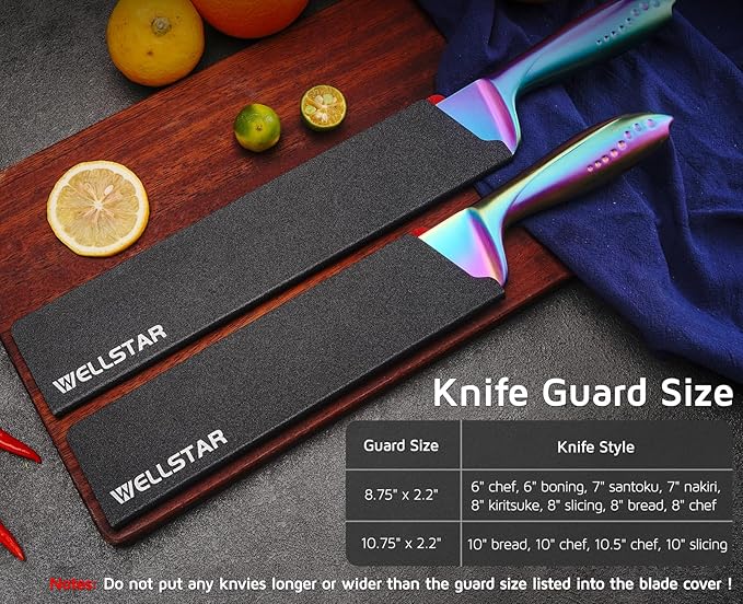 WELLSTAR Knife Edge Guards Set, 2 Piece Universal Blade Covers, BPA Free ABS Protective Blade Sheaths, Non-Scratch Felt Lining Kitchen Knives Covers (Knives not included)