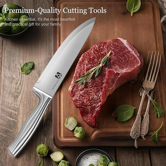14 Pieces Knife Set with Block, Premium Knives Set For Kitchen, Knife Block Set Stainless Steel With Steak Knives, Dishwasher Safe, Ergonomic Handle, Natural Wooden Block, Gifts For Women