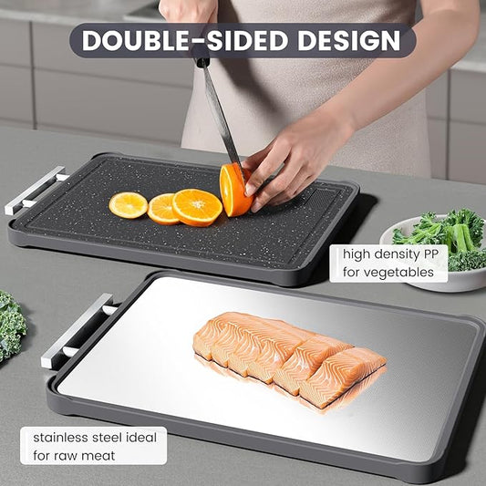Kikcoin Double Sided Stainless Steel Cutting Boards for Kitchen, Stainless Steel and Wheat Straw PP Large Chopping Board, Black