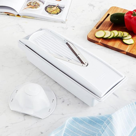 Swissmar V-Prep™ Mandoline Slicer – Versatile Kitchen Slicer for Julienne, Shred, Cube & Slice – Includes Multi-Function Bowl & Safety Holder – Essential Kitchen Gadget – White