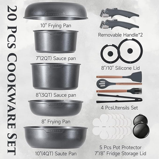 JEETEE 20pcs Titanium Reinforced Pots and Pans Set Non Stick, Nonstick Cookware Set with Detachable Handle, Induction Kitchen Cookware Sets Removable Handles, RV Cooking Set, Oven/Dishwasher Safe
