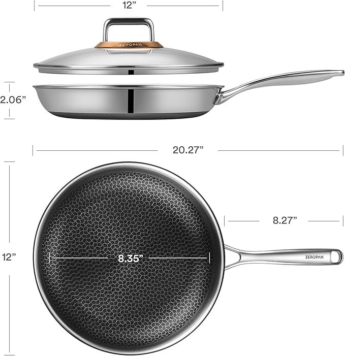 ZEROPAN Hybrid Nonstick 12-Inch Frying Pan with Lid,Non stick Frying Pan,PFAS PFOA PTFE Free,Stay-Cool Handle, Dishwasher-Friendly, Oven-Safe Up to 600°F, Induction Ready, Compatible with All Cooktops