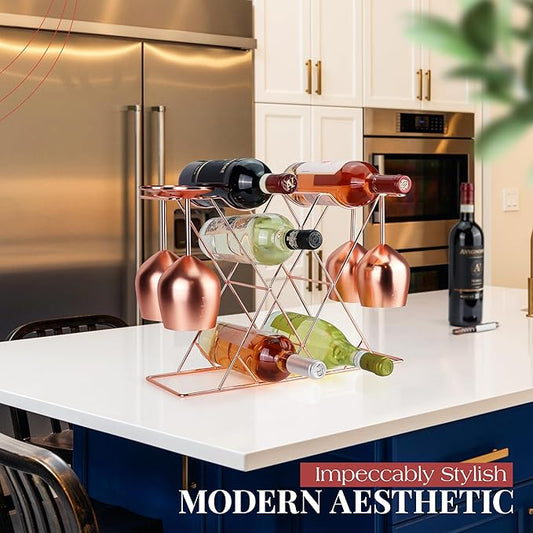 Gusto Nostro Countertop Wine Rack with Glass Holder for 8 Bottles & 4 Glasses, Small Modern Tabletop Wine Rack - No Assembly Wine Holder Stand for Home Kitchen Cabinet Wine Cellar Storage (Rose Gold)