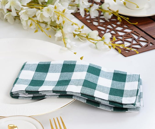 Blue Needles Gingham Buffalo Plaid Cloth Napkins 100% Cotton Set of 12 Dinner Table Napkins 18x18 inch, Soft Reusable Washable Ideal for Wedding Parties & Everyday Use - Forest Green & White