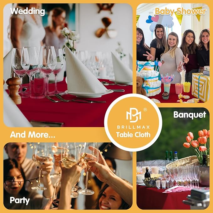 BRILLMAX 8 Pack Burgundy Tablecloths 60 x 126 Inch for 8ft Rectangle Tables - 150 GSM Polyester Fabric, 15" Standard Drop, Water, Stain & Wrinkle Resistant Cloth Cover for Wedding Dining Buffet