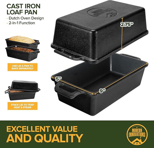 Modern Innovations Cast Iron Bread Pan with Lid 9x5 Inch, Pre-Seasoned Loaf Pan for Baking Sourdough, Banana Bread, Meatloaf and Casseroles, Heavy Duty Dutch Oven Style Pan