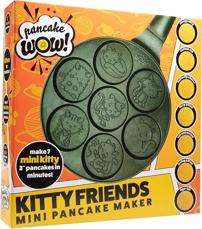 Kitty Friends Mini Pancake Pan - Make 7 Unique Flapjack Cat Designs, Nonstick Pan Cake Maker Griddle w Long Handle for Breakfast Animal Kitten Fun- Easy Cleanup, Fun Kids Gift or Party Dessert Treat