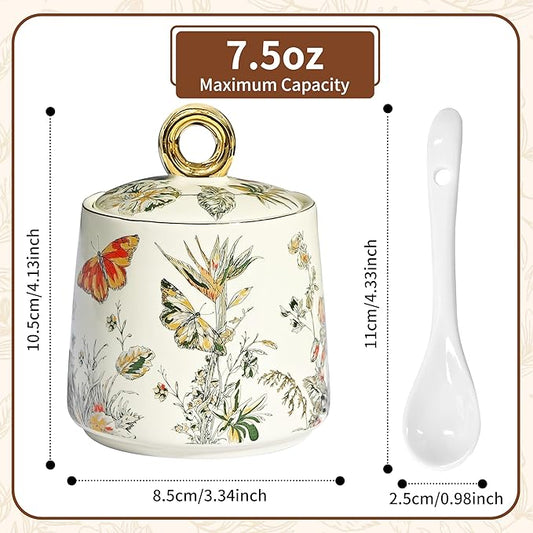 JUSONEY Ceramic Sugar Bowl with Lid and Spoon with Floral Pattern, Gold Trim - 7.5oz Elegant Sugar Jar with Lid and Spoon, Nordic Style for Kitchen, Dining, Cafe, Gift Idea (B)