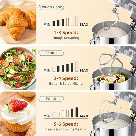 Babroun Dough Mixer 8.45 QT Electric Mixer - 660W 6 Speed Large Capacity Kitchen Stand Mixer with Whisk Dough Hook Mixing Beater Household Food Mixer for Baking Cakes Cookie Bread Salad