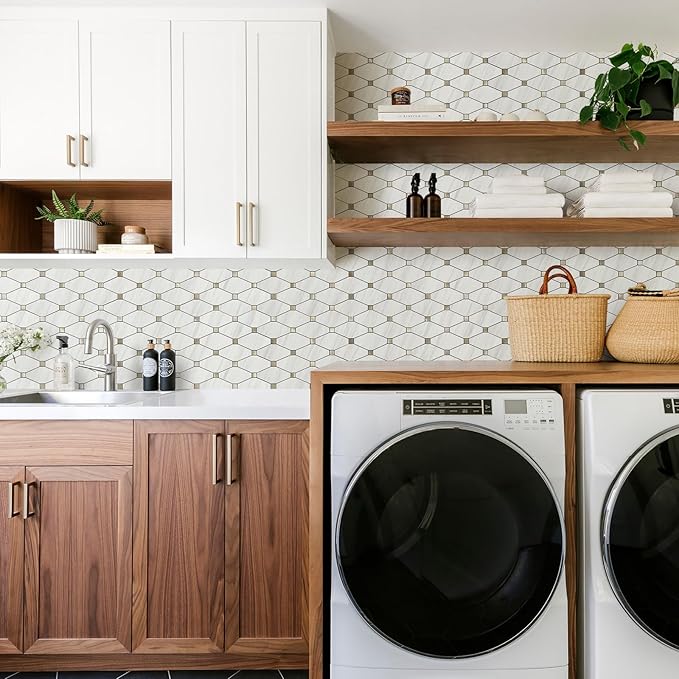 STICKGOO 10 Sheets Peel and Stick Dolomite Mosaic Tile, White Marble Look PVC Mixed Metal Gold Kitchen Backsplash for Fireplace, RV