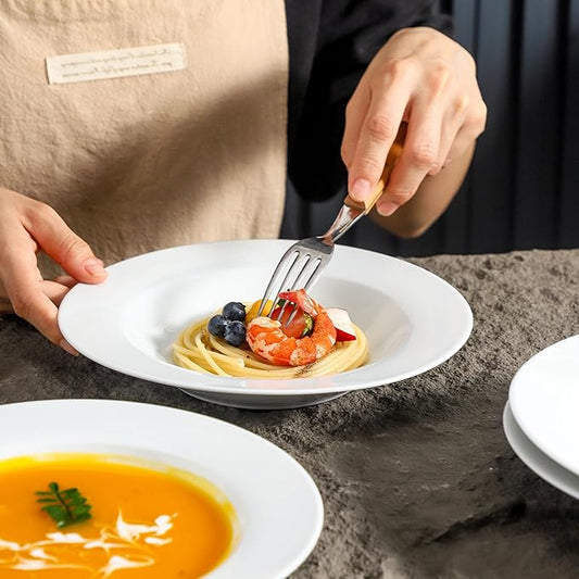 Ceramic Soup Bowls Shallow Plates, Valentine 4 Pack White Dinner Bowls Plates, Porcelain Wide Rim, 8.5 Inch (8.5 oz) Shallow Bowls Ideal for Soup Dessert Salad and Pasta, Microwave and Dishwasher Safe