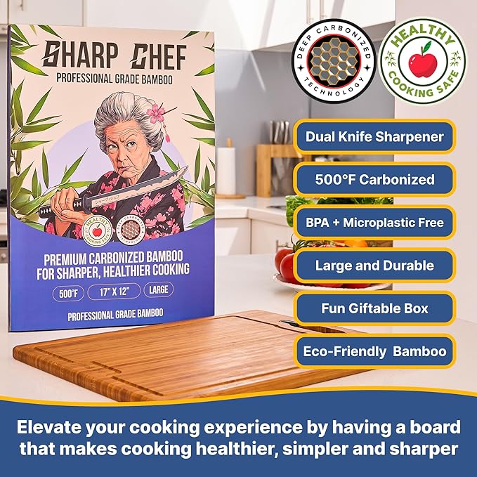 Sharp Chef Deep Carbonized Bamboo Cutting Board, Dual Sharpener – 17x12in Large Wood Cutting Board with Juice Groove, Dishwasher Safe, Giftable – Durable & Reversible Wooden Chopping Block for Kitchen