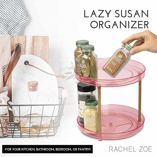 Rachel Zoe 2 Tier Lazy Susan Organizer, Wood Two Tier Lazy Susan Turntable, 360° Spin Tray Organizer, Pantry Spice Organizer for Kitchen, Rotating Bathroom Counter Organizer