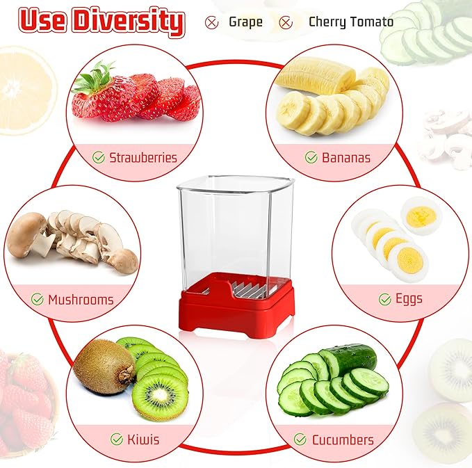 3-in-1 Strawberry Banana Egg Slicer Cup | Detachable Fruit Cutter with Push Plate for Effortlessly Safe Slicing | Quick Meal Prep & Snacks Kitchen Gadget (Red)