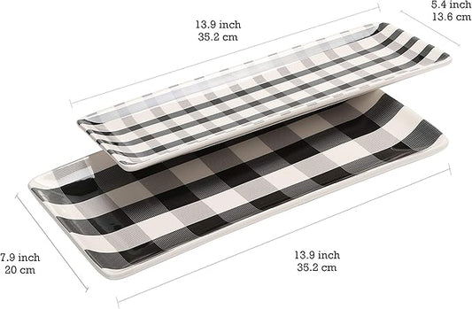 Bico Plaid Check Black and White Ceramic 14 inch Rectangular Serving Platter, Set of 2, for Serving Salad, Pasta, Cheese, Ham, Appetizer, Microwave & Dishwasher Safe
