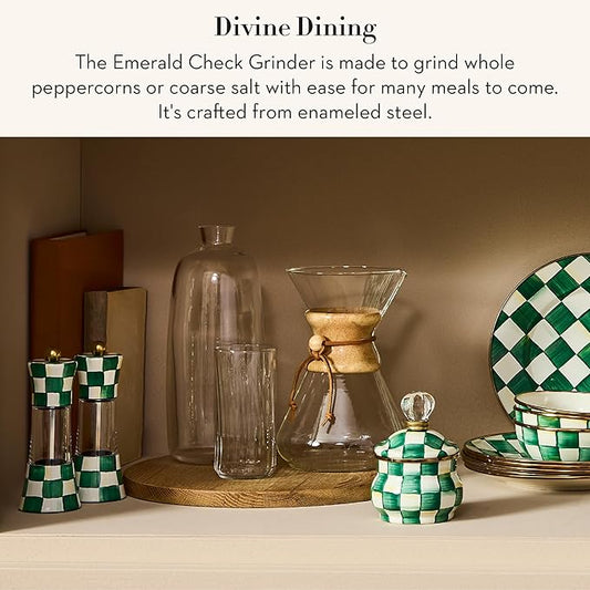 MACKENZIE-CHILDS Enamel Grinder, Refillable Manual Salt and Pepper Grinder, Green-and-White Emerald Check