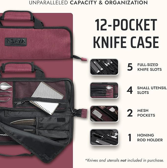 Asaya Chef Knife Roll Bag - 12 Pockets for Knives and Kitchen Utensils - Lightweight, Durable, and Stain Resistant Nylon - Perfect for the Traveling Chef - Knives not Included (Red)