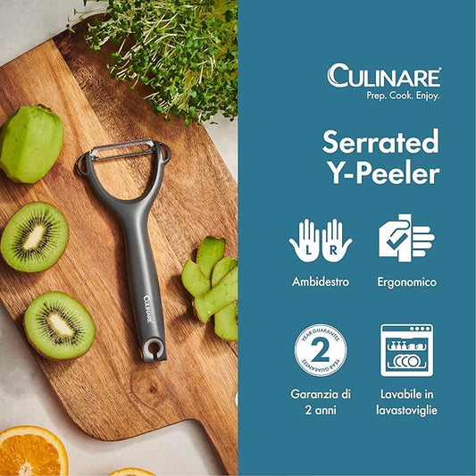 Culinare Serrated Safety Peeler, Grey, Plastic/Stainless Steel, Y Shaped for Maximum Control and Comfort, Manual Tomato/Kiwi Peeler