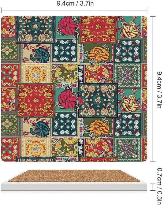 Floral Drink Coasters, Square Ceramic Drink Coaster Square-6PCS, Abstract Perris Flower Nature Plant Colorful Boho Floral Decor Absorbent Ceramic Coasters for Beverage Cup, Bar, Coffee Table