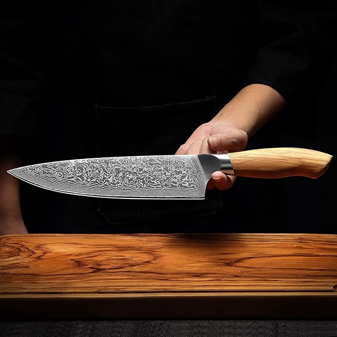 Damascus Chef Knife, 8 Inch Japanese Steel Kitchen Knife, 67-Layers AUS-10 Damascus Steel with Ergonomic Original Olive Wood Handle, Cooking Knives for Home Kitchen Gift Idea