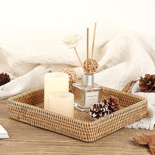 Hipiwe Key Basket Tray for Entryway Table Rattan Serving Tray Handwoven Wicker Baskets Vanity Trays Square Decorative Fruit Trays for Kitchen Counter Bedside Living Room Bathroom, 8.1"