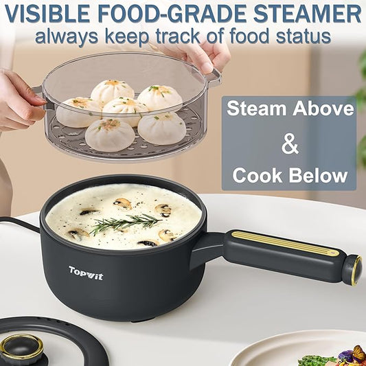 TOPWIT Hot Pot Electric with Steamer, 2L Multifunctional Electric Cooker, Non-Stick Sauté Pan, Portable Pot for Steak, Fried Rice, Ramen, Soup with Dual Power Control (Spatula Not Included), Grey