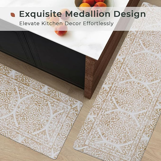 FRESHMINT 2 Piece Set Boho Kitchen Mats for Floor Bohemian Distressed Anti Fatigue Kitchen Rugs Vintage Farmhouse Cushioned Kitchen Runners for Standing Waterproof & Non-Skid Comfort, Khaki Tan