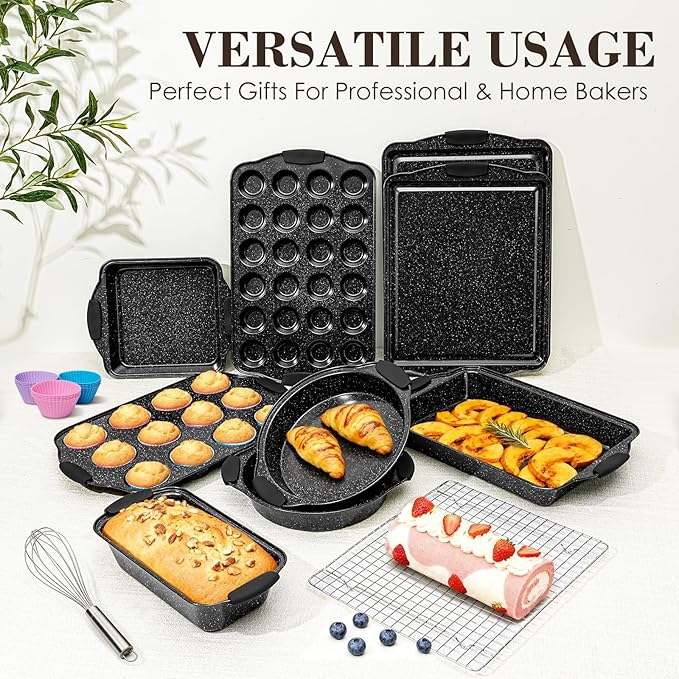 Baking Pans Set Nonstick, Stackable Bakeware Sets with Silicone Handles, AIVIKI 22 Pieces Oven Pan for Cooking Including Baking Cookie Sheet with Rack, Roast Pan, Cake Pan, Loaf Pan, Muffin Pan, Black
