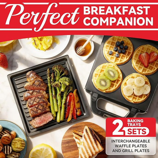 2 in 1 Mini Waffle Maker with Removable Plates, Panini Press Sandwich Maker, Sandwich Press, Waflera Electrica, Sandwichera Electrica, 4 X 4 Inch Classic Waffle Maker for Kids, Graphite