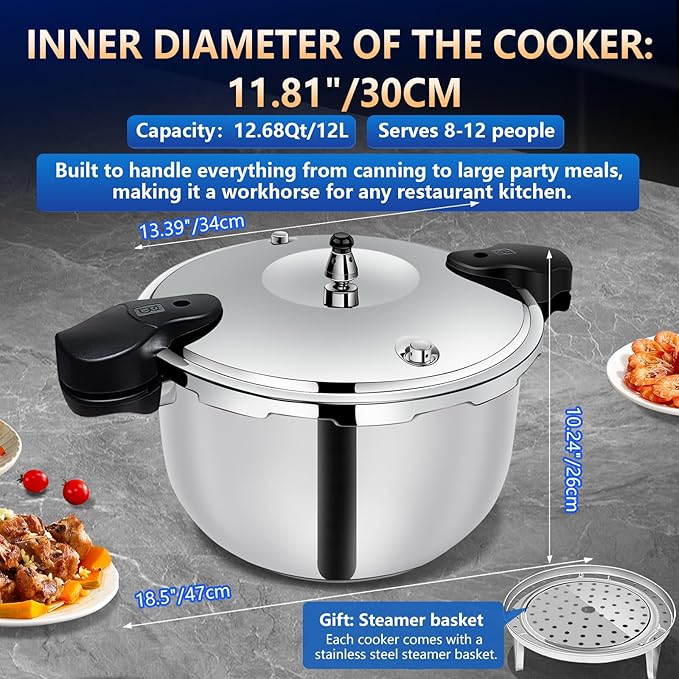 12quart Stainless Steel Pressure Cooker, All Stovetops Induction Compatible, Cooking Pressure Cooker 12+qt,pressure pot , large olla de presion, stainless steel pressure cooker for canning12+ quart